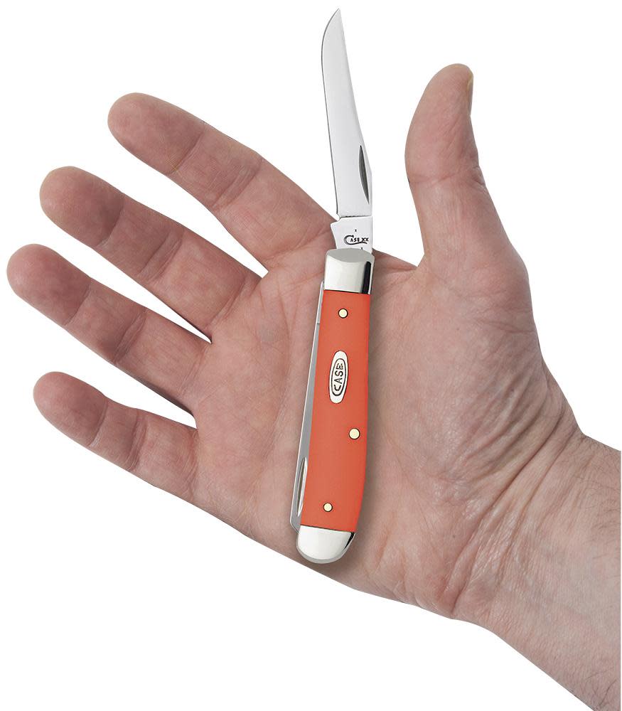 Orange Synthetic Mini Trapper Knife in Hand