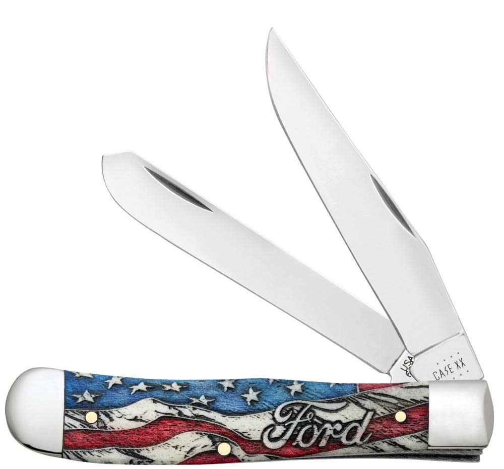 Ford Embellished Smooth Natural Bone Trapper with Red and Blue Color Wash and Black Definition Gift Set Knife Front View