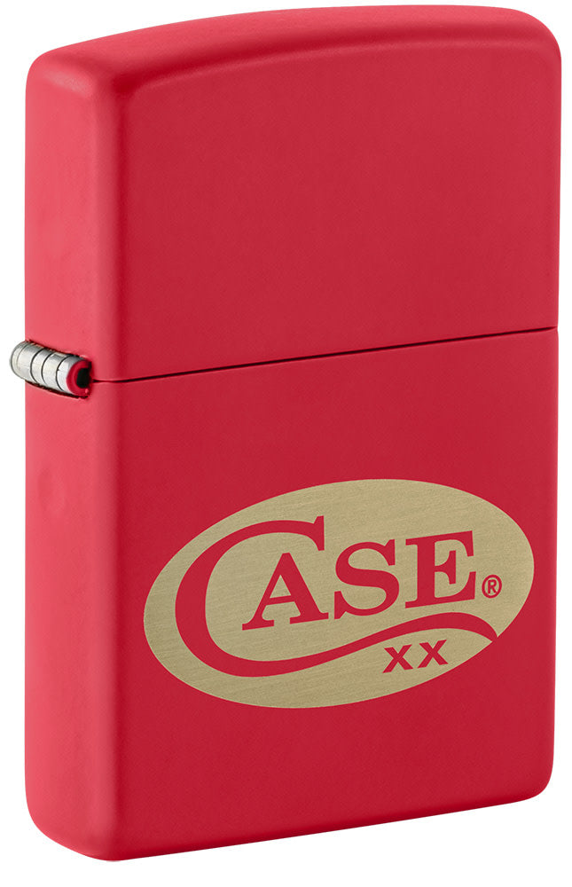 Front shot of the Zippo® Case Logo Red Matte Lighter standing at a 3/4 angle