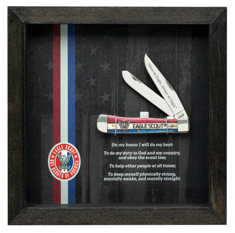 BSA® Eagle Scout® Embellished Smooth Natural Bone with Red and Blue Color Wash and Black Definiton Trapper Commemorative in Shadow Box