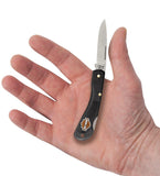Harley-Davidson® Black Synthetic Mini Blackhorn® open in hand showing the front of the knife