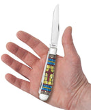 Smooth Natural Bone Stained Glass Trapper Cross in Jewel Box Knife in Hand