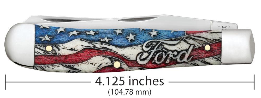Ford Embellished Smooth Natural Bone Trapper with Red and Blue Color Wash and Black Definition Gift Set Knife Dimensions