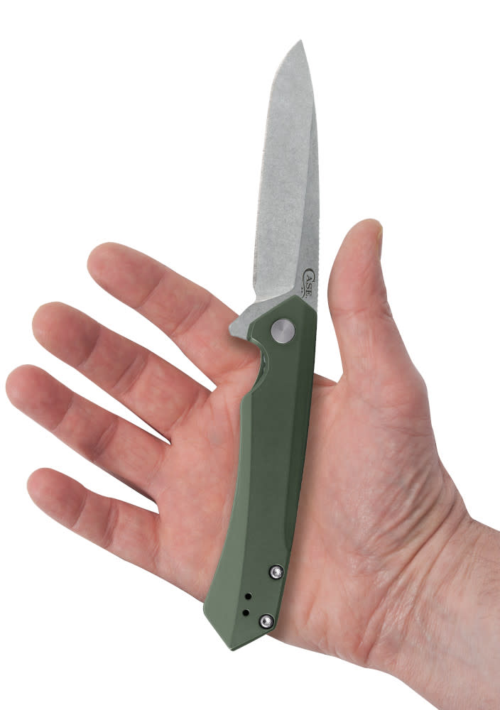 OD Green Anodized Aluminum Kinzua® with Spear Blade Knife in Hand