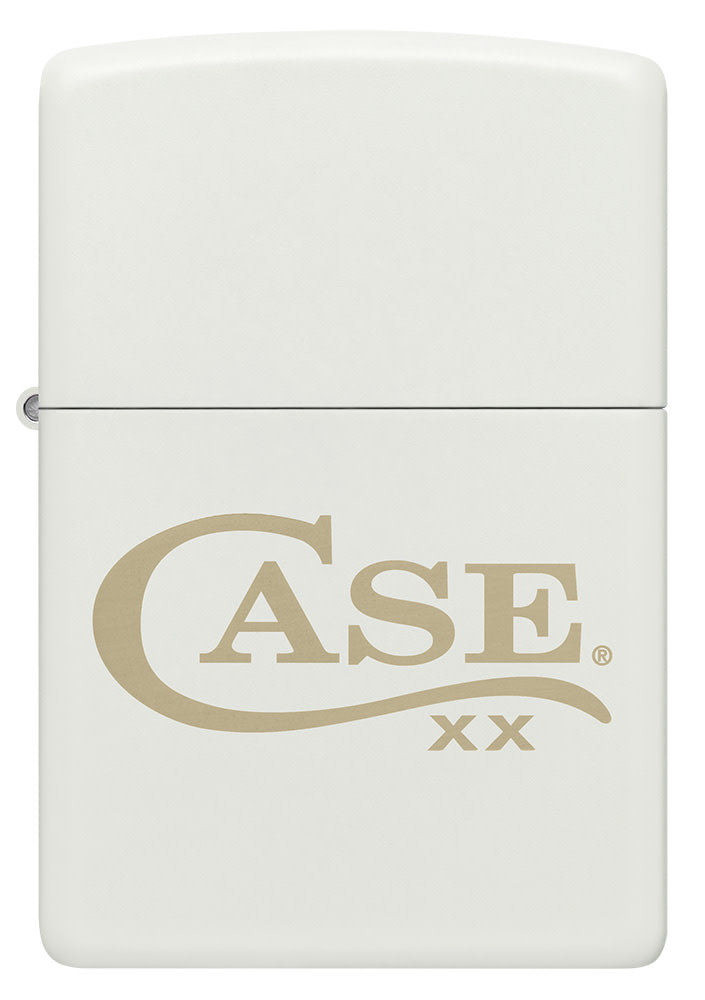 Zippo® Case Logo White Matte Lighter with its lid open and lit