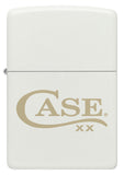 Zippo® Case Logo White Matte Lighter with its lid open and lit