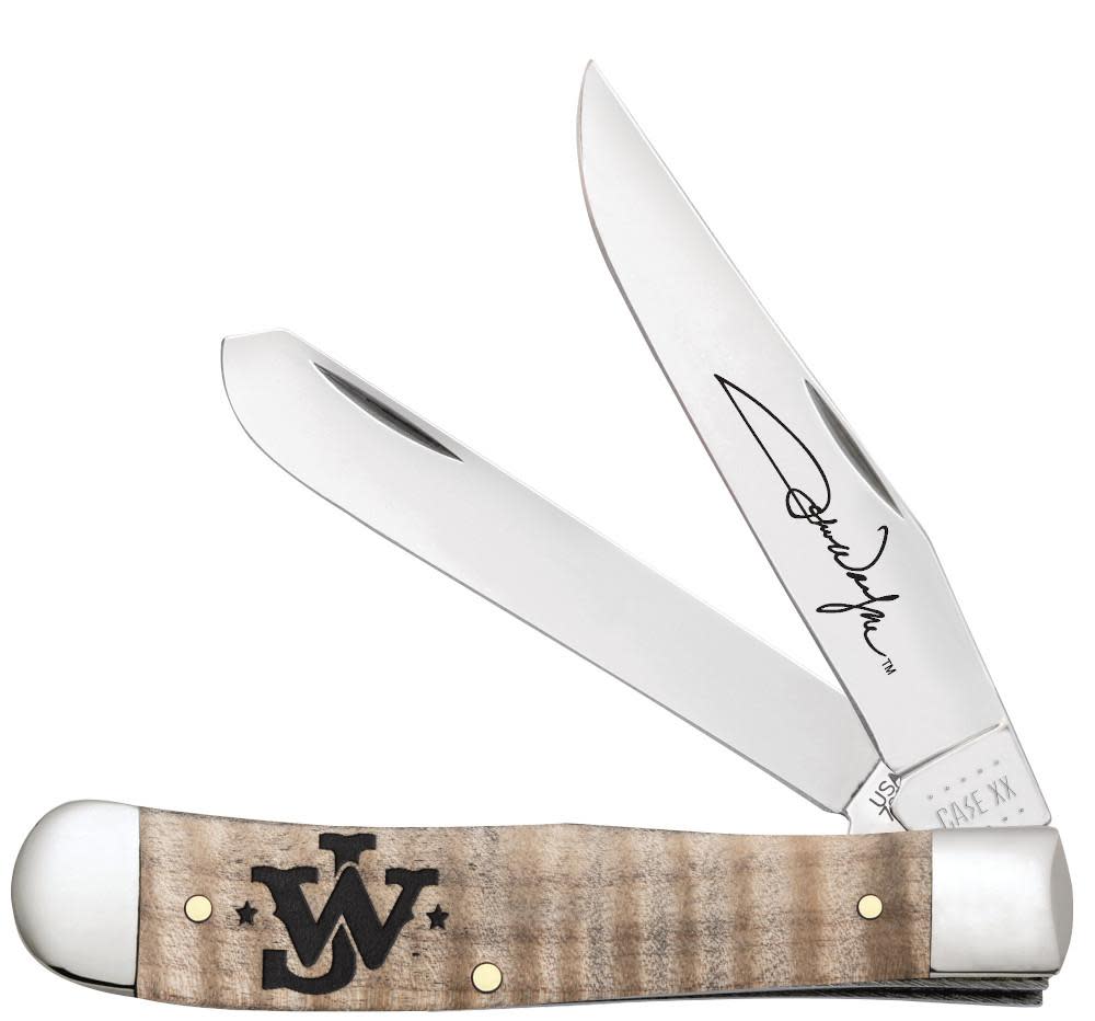 John Wayne Embellished Smooth Natural Curly Maple Wood Trapper Knife Front View