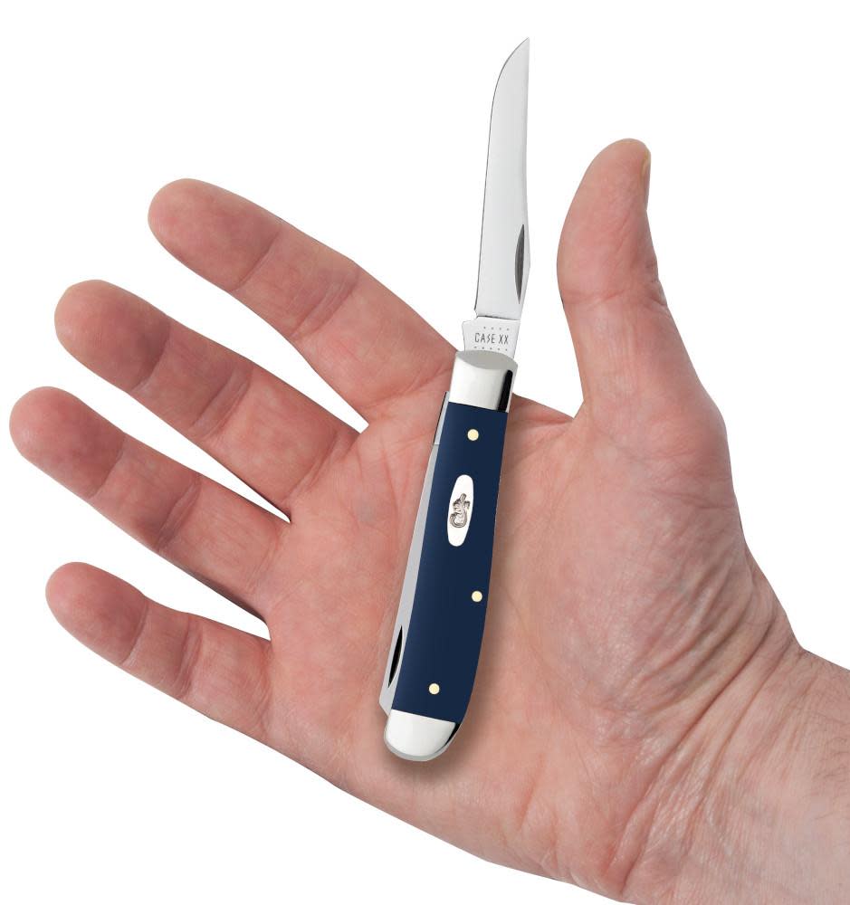 Smooth Navy Blue Synthetic Mini Trapper Knife in Hand