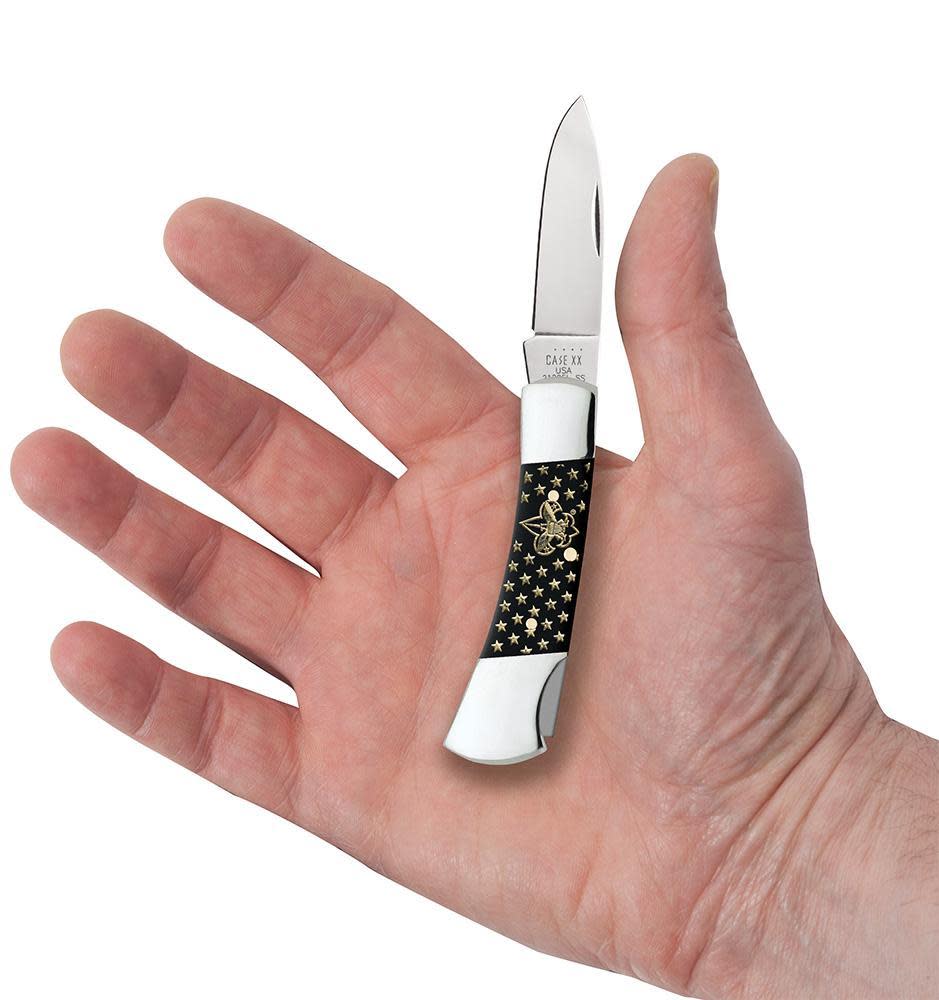 BSA® Embellished Smooth Black Synthetic Lockback Knife in Hand