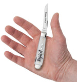 Religious Sayings Rejoice Embellished Smooth Natural Bone Mini Trapper Knife in Hand