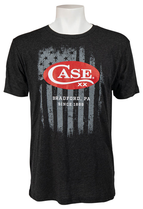 Front view of the Black T-Shirt with Flag and Red Case Logo