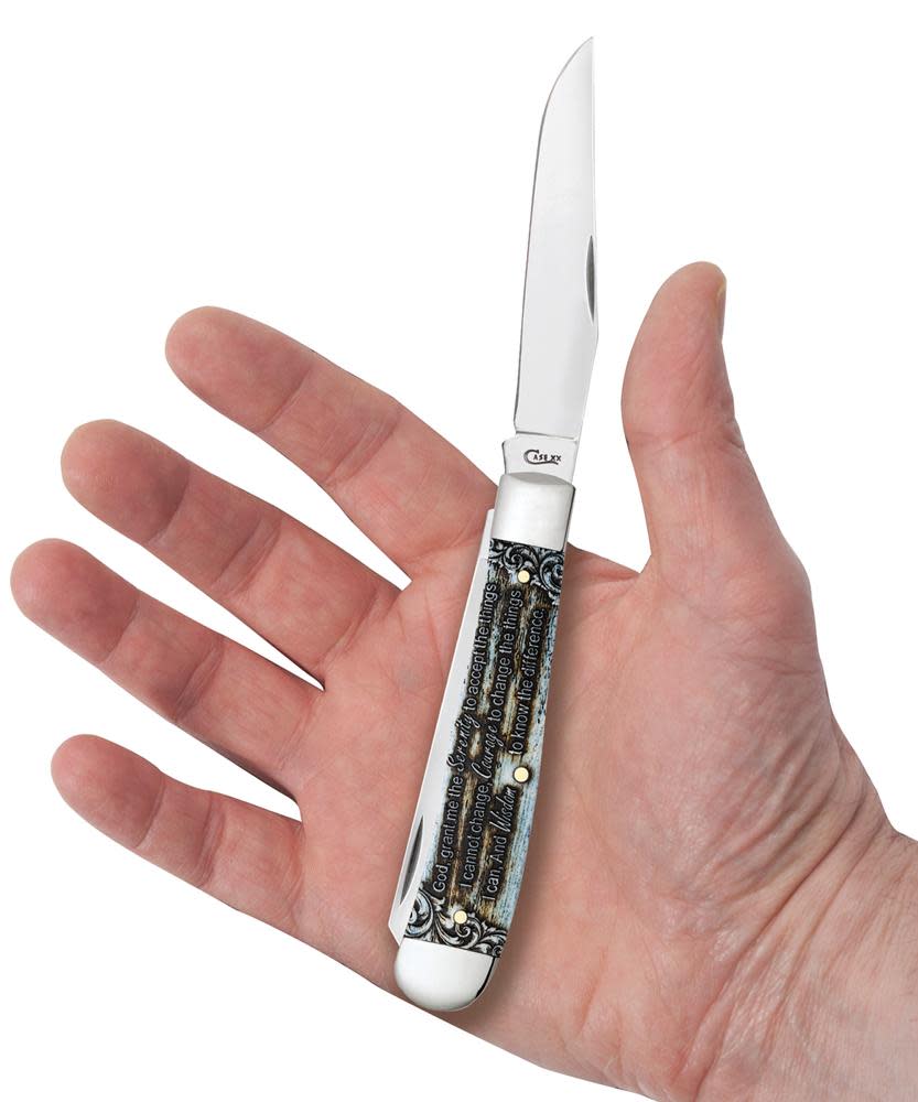 Serenity Prayer Smooth Natural Bone Trapper Knife in Hand