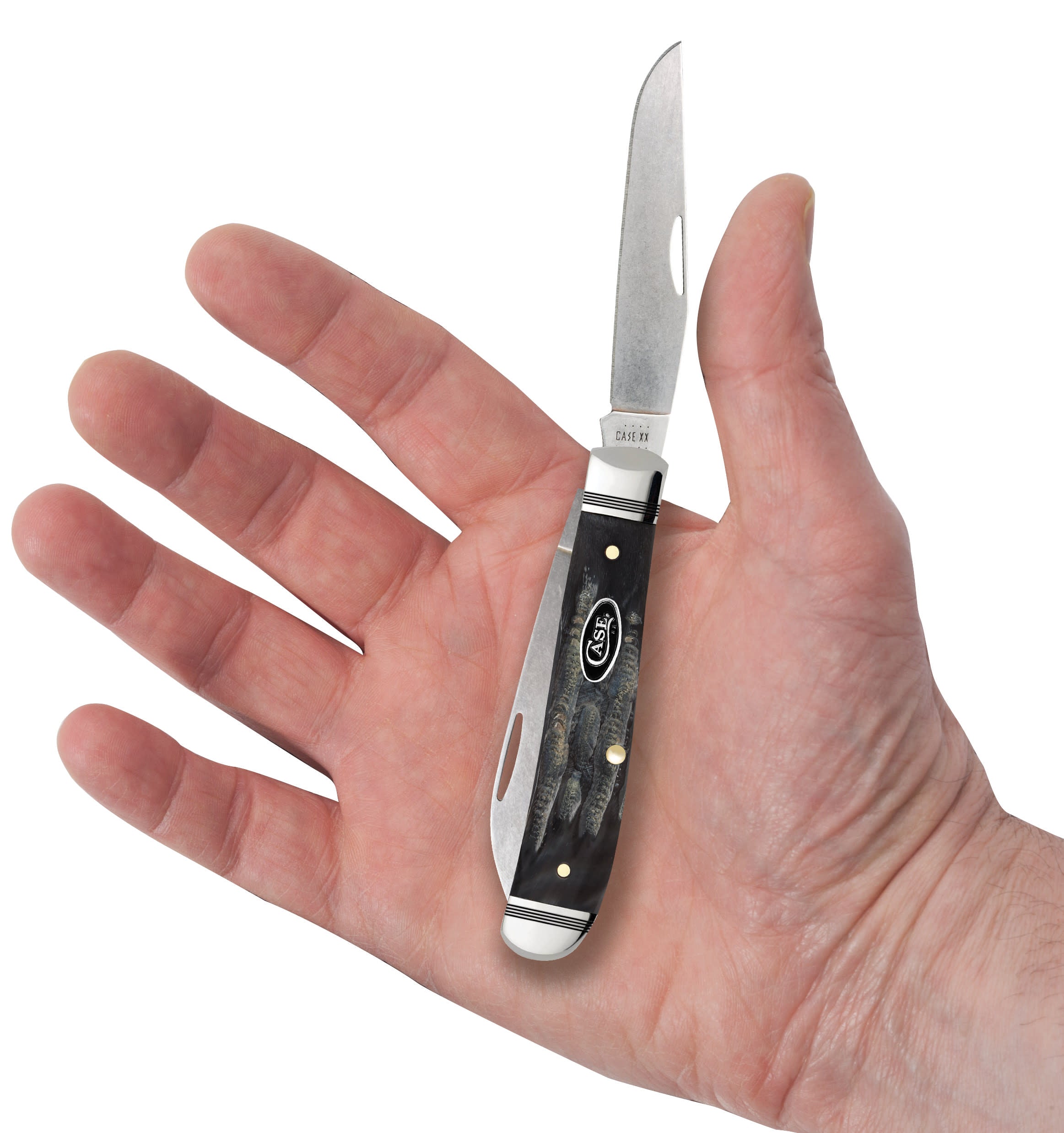 Jigged Buffalo Horn Mini Trapper Knife in Hand