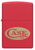 Zippo® Case Logo Red Matte Lighter with its lid open and lit