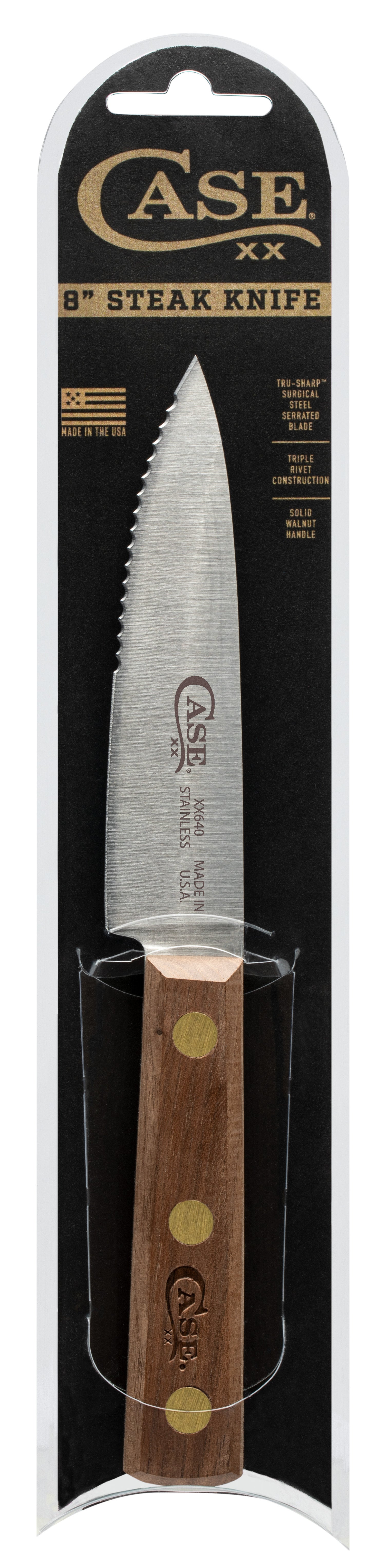 Box of 3 steak knives serrated blade oak color handle