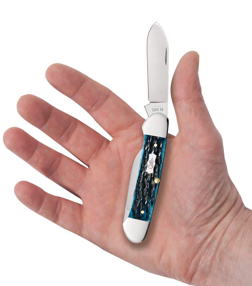 Pocket Worn® Peach Seed Jig Mediterranean Blue Bone Canoe Knife in Hand