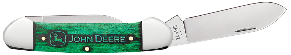 John Deere Embellished Smooth Natural Bone Canoe with Green Color Wash Knife Open