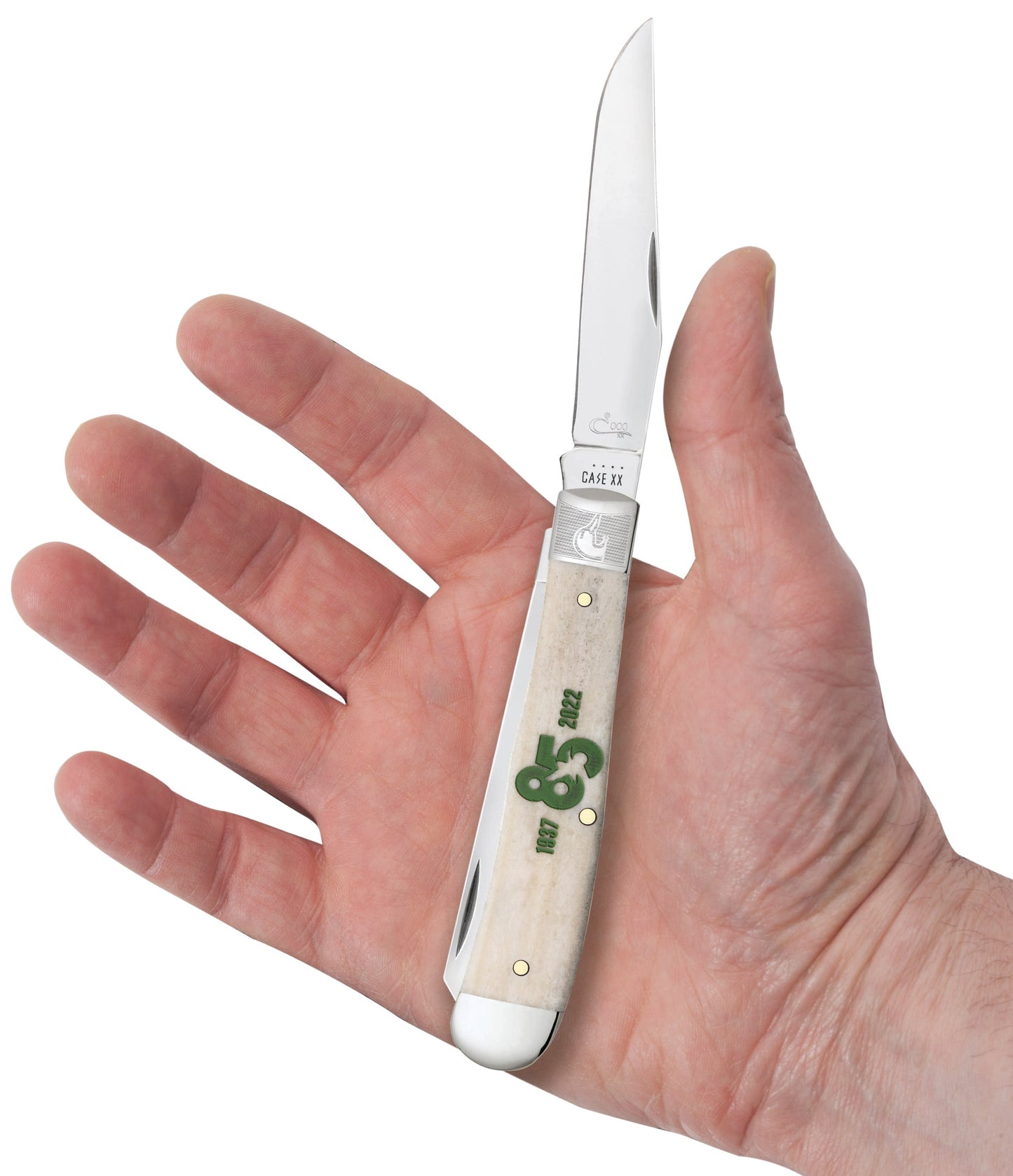 Ducks Unlimited® 85th Anniversary Embellished Smooth Natural Bone Trapper Knife in Hand