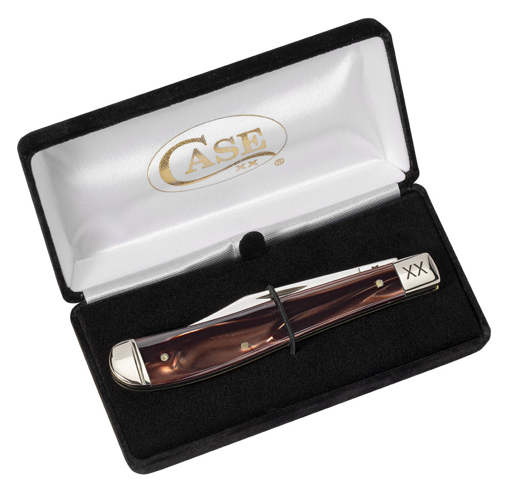 Smooth Caramel Swirl Kirinite® Slimline Trapper Closed in Velvet Box Packaging