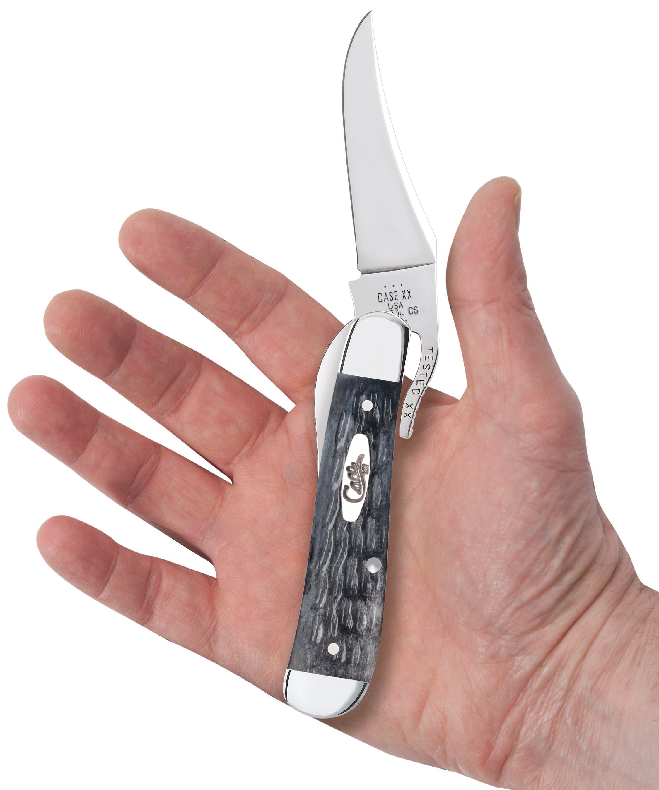 Pocket Worn® Crandall Jigged Gray Bone RussLock® Knife in Hand