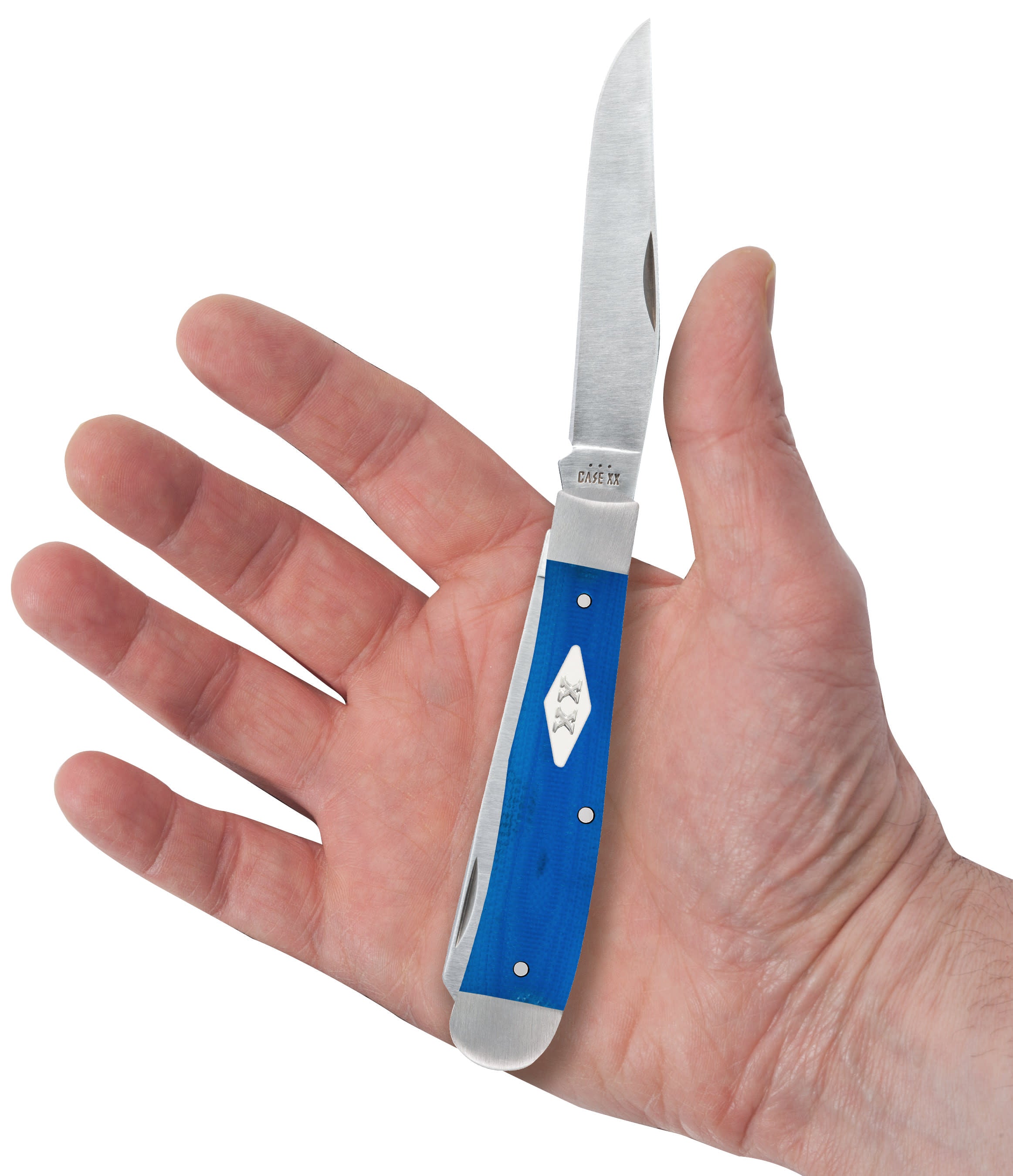 Smooth Blue G-10  Trapper  Knife in Hand