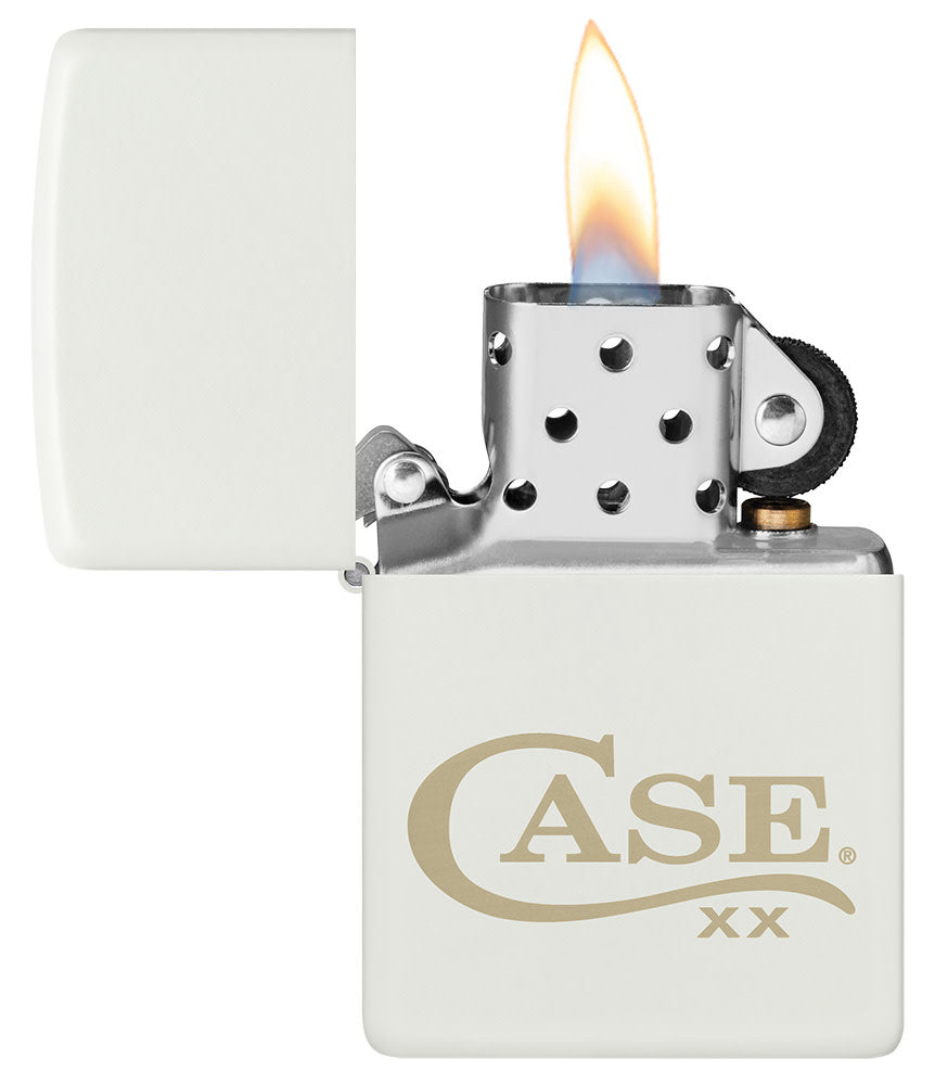 Zippo® Case Logo White Matte Lighter lit in hand