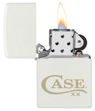 Zippo® Case Logo White Matte Lighter lit in hand