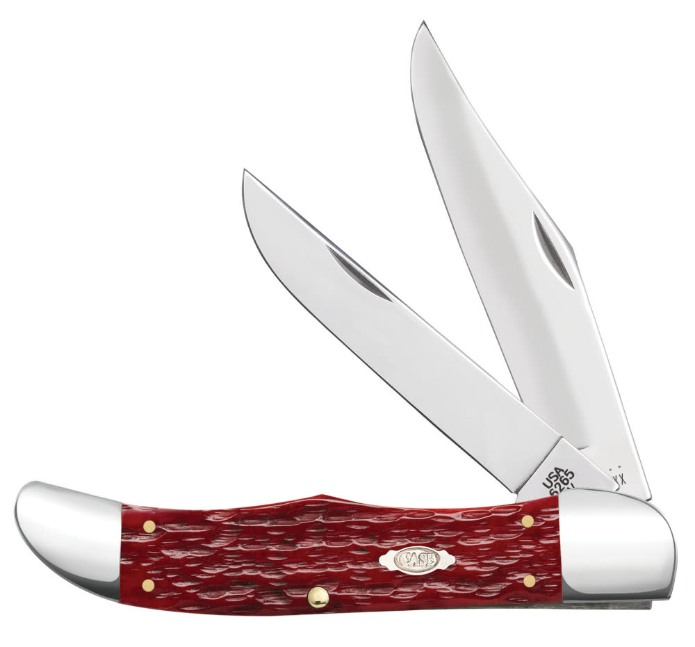 Peach Seed Jig Dark Red Bone CS Folding Hunter with Sheath Knife