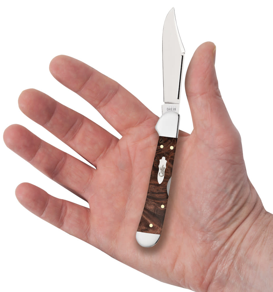 Smooth Brown Maple Burl Wood Mini CopperLock® Knife in Hand