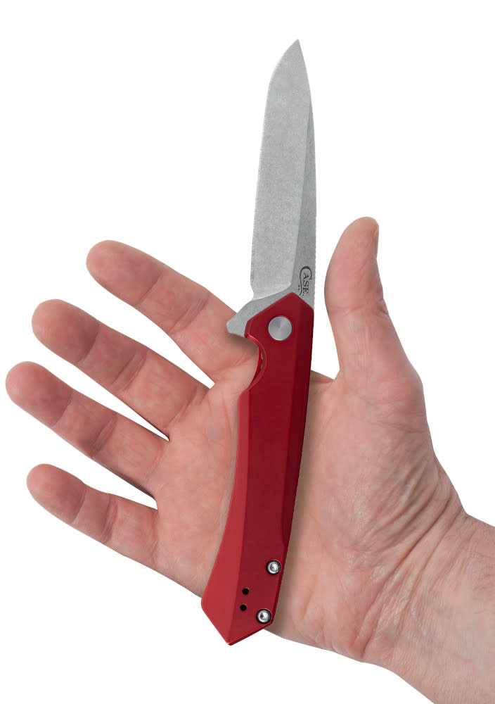 Red Anodized Aluminum Kinzua® with Spear Blade Knife in Hand