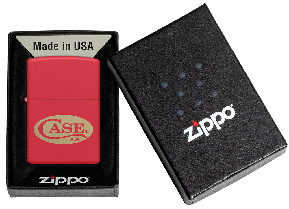 Zippo® Case Logo Red Matte Lighter with its lid open and unlit