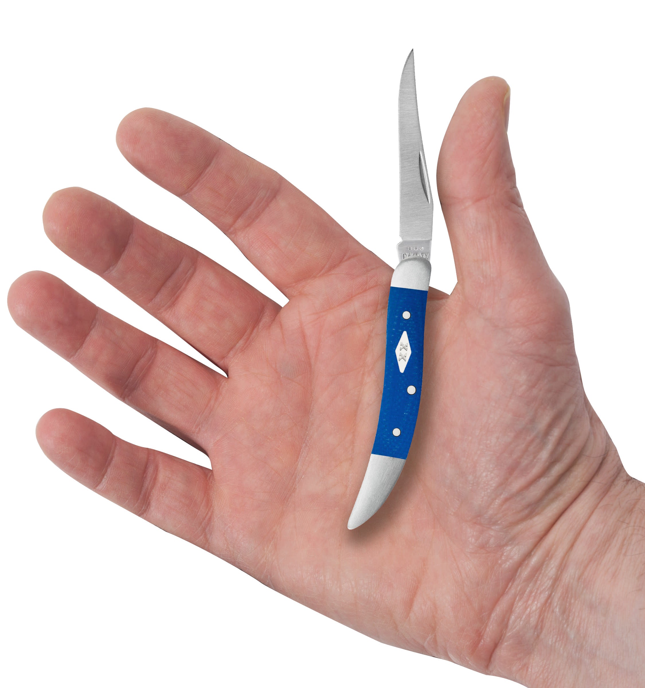 Smooth Blue G-10  Small Texas Toothpick  Knife in Hand