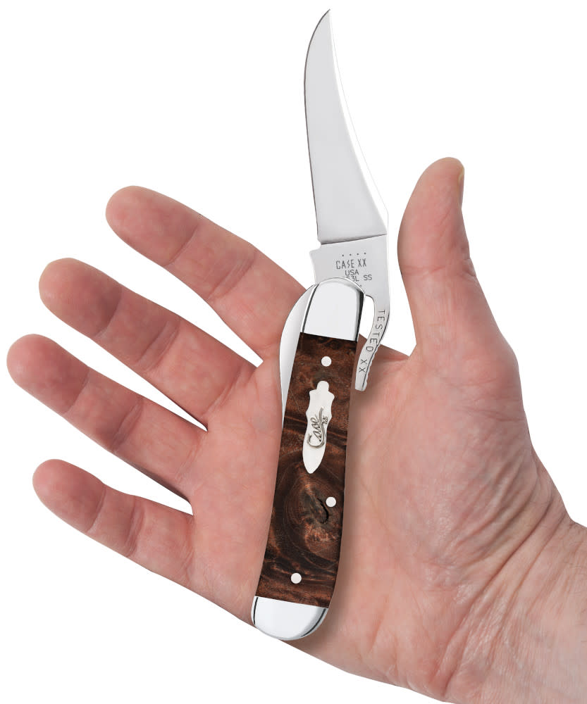Smooth Brown Maple Burl Wood Russlock® Knife in Hand