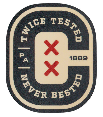 Front image of the "Twice Tested" Sticker from the Case Sticker 6 Pack