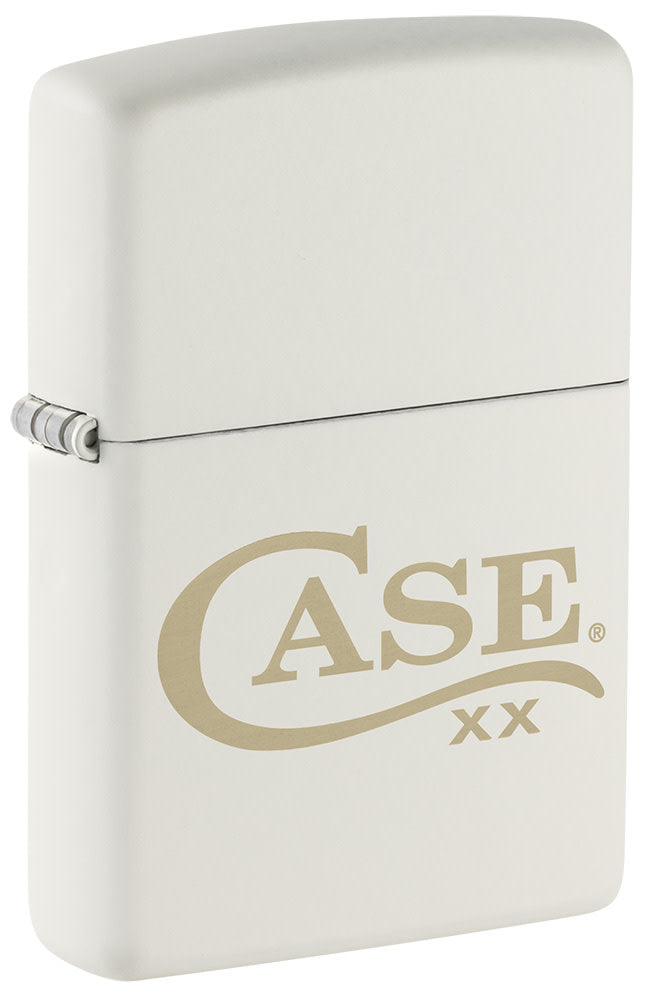 Front shot of the Zippo® Case Logo White Matte Lighter standing at a 3/4 angle