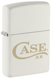 Front shot of the Zippo® Case Logo White Matte Lighter standing at a 3/4 angle