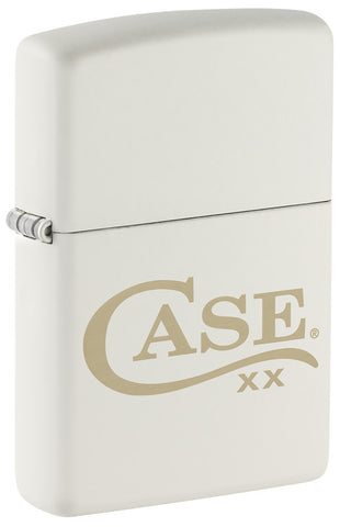 Front shot of the Zippo® Case Logo White Matte Lighter standing at a 3/4 angle