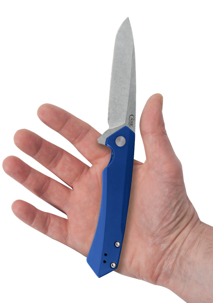 Blue Anodized Aluminum Kinzua® with Spear Blade Knife in Hand