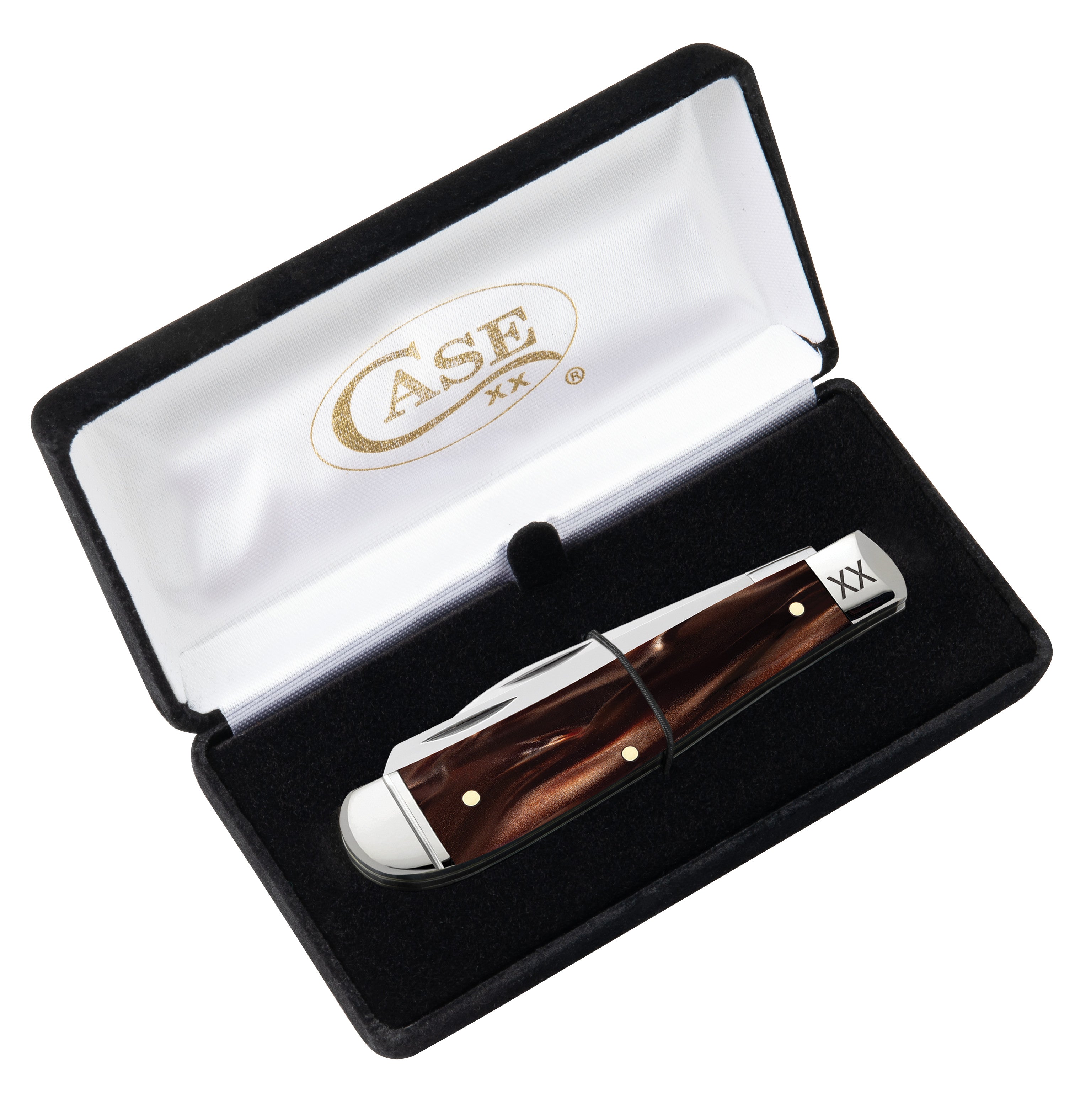 Front view of the Smooth Caramel Swirl Kirinite® Mini Trapper closed in velvet packaging