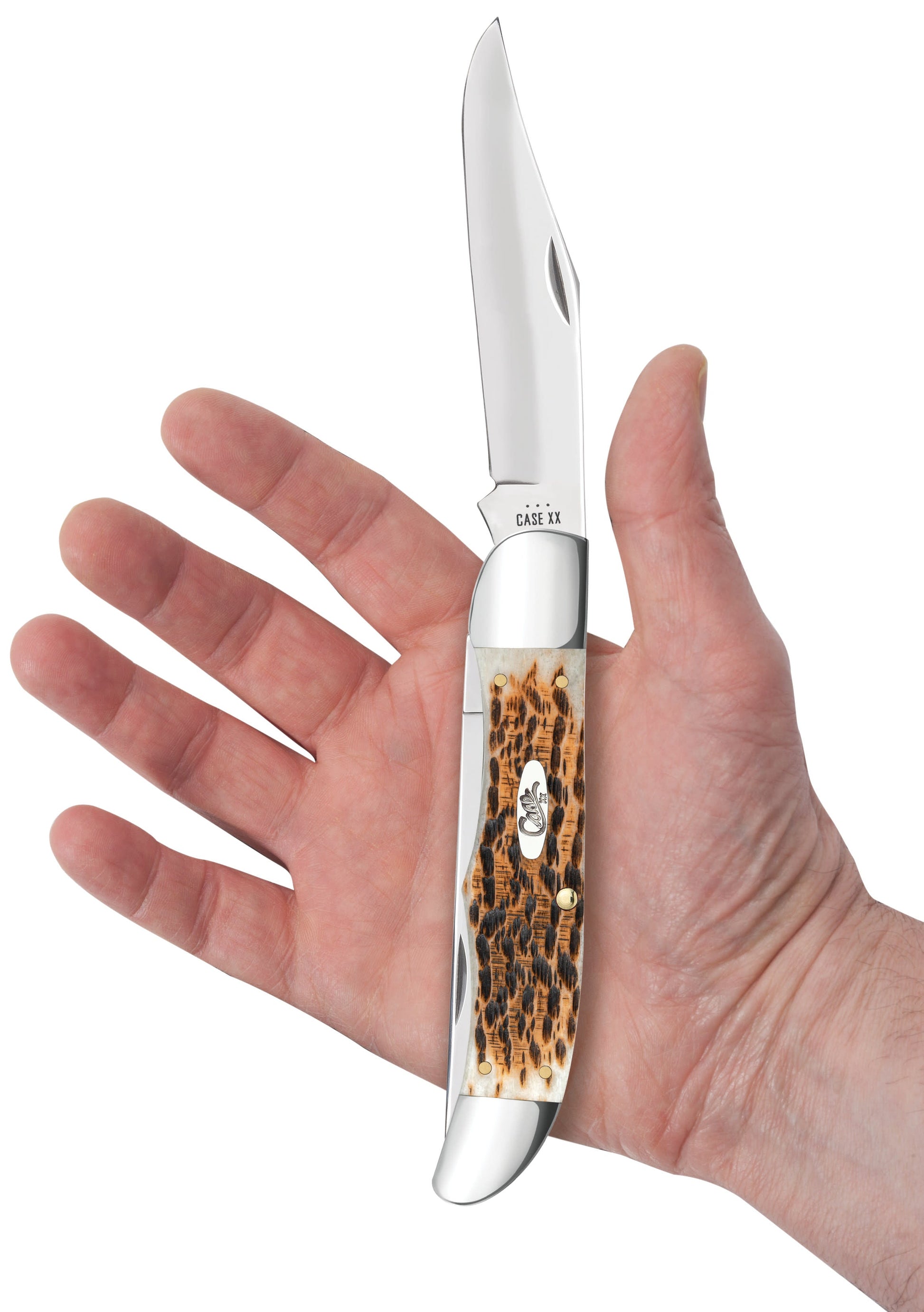 Peach Seed Jigged Amber Bone Folding Hunter with sheath Knife in Hand