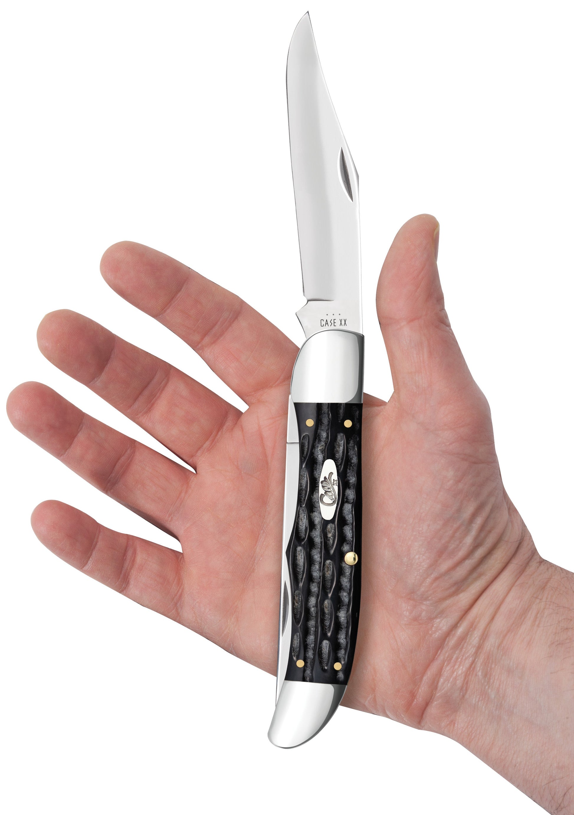 Jigged Buffalo Horn Folding Hunter with Sheath Knife in Hand