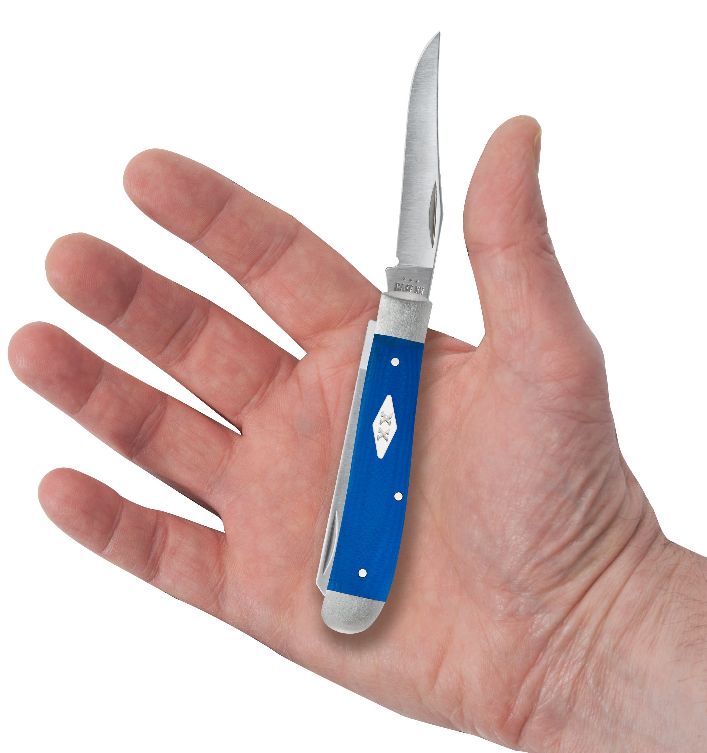 Smooth Blue G-10  Mini Trapper Knife in Hand