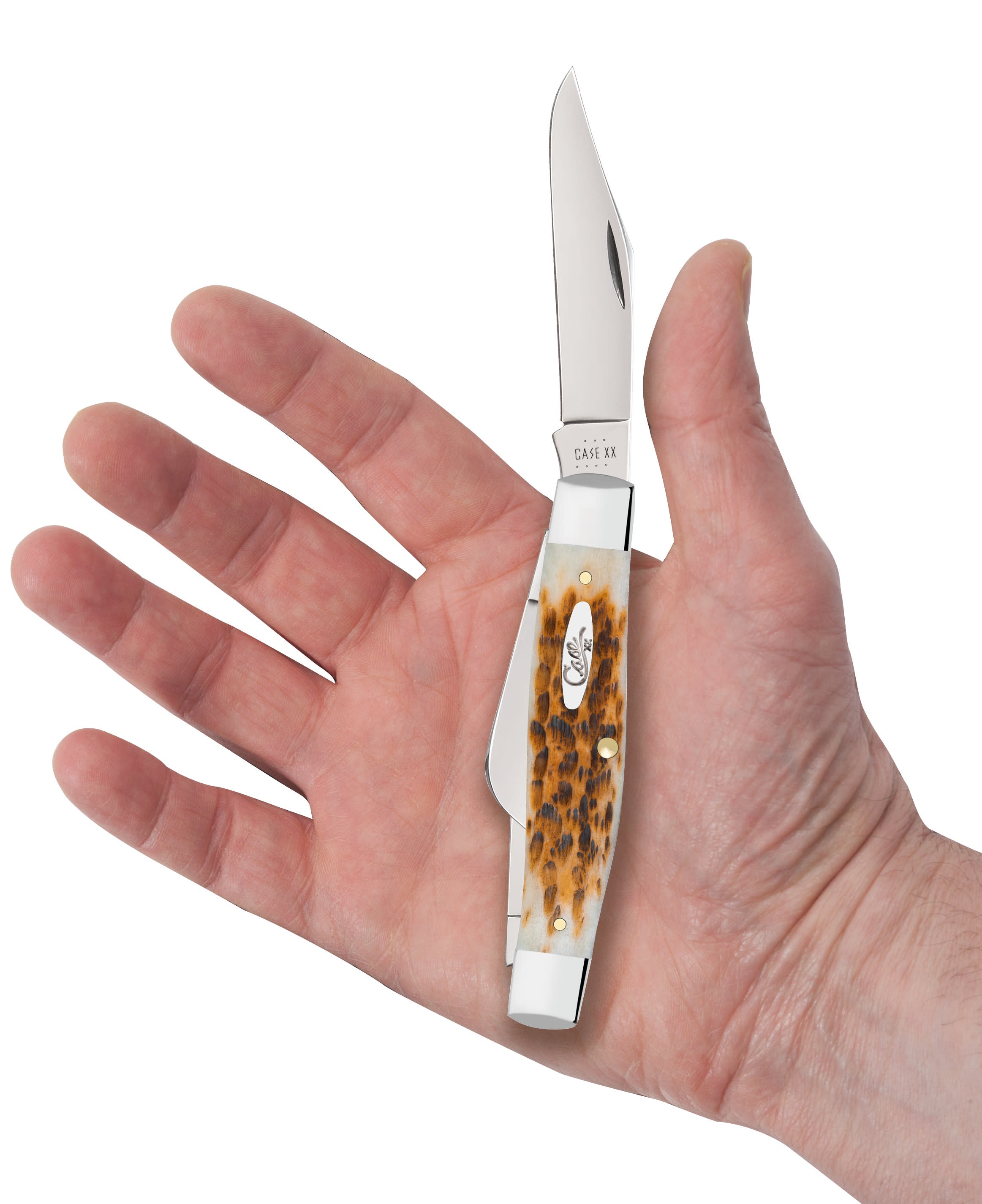 Peach Seed Jigged Amber Bone Large Stockman Knife in Hand