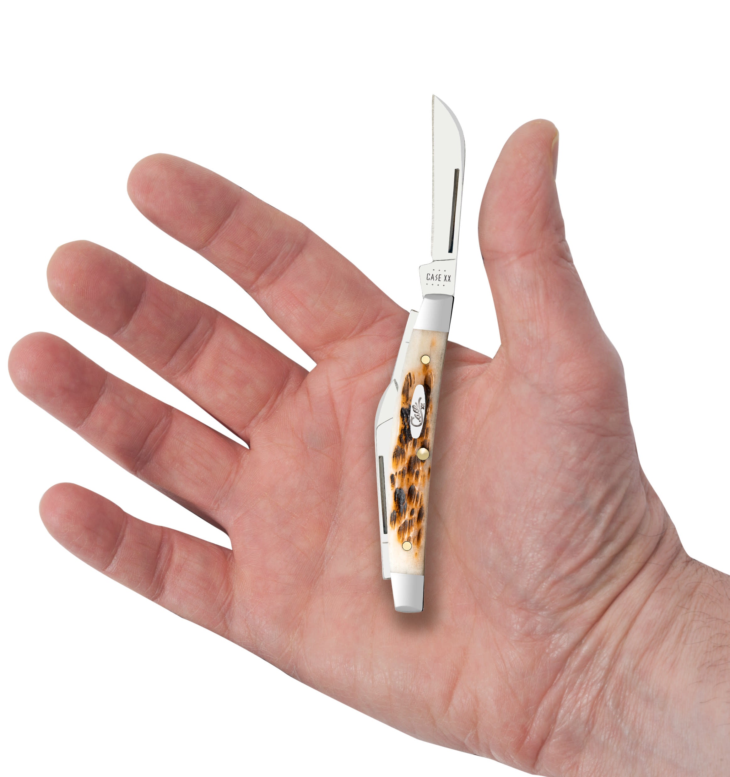 Peach Seed Jigged Amber Bone Small Congress Knife in Hand