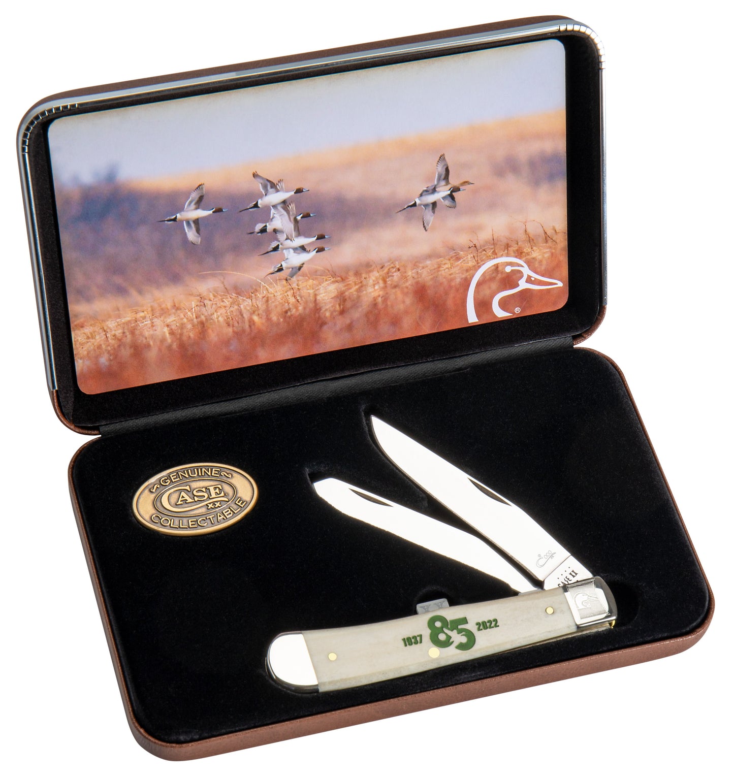 Ducks Unlimited® 85th Anniversary Embellished Smooth Natural Bone Trapper Knife in Packaging