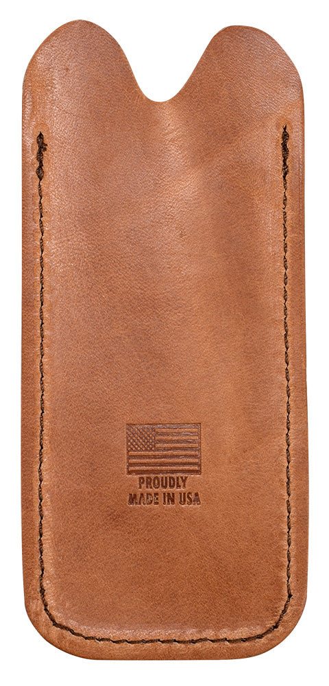 Back view of the Genuine Brown Leather Knife Slip featuring the American flag and "proudly made in USA" text