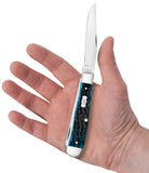 Pocket Worn® Peach Seed Jig Mediterranean Blue Bone Trapper Knife in Hand