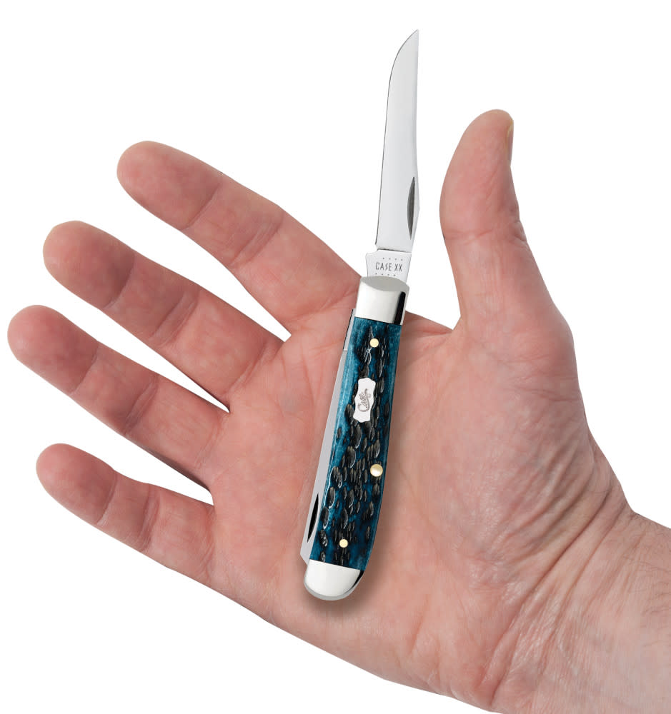 Pocket Worn® Peach Seed Jig Mediterranean Blue Bone Mini Trapper Knife in Hand